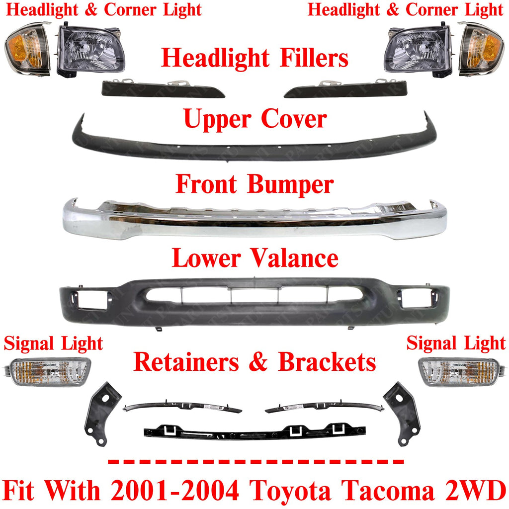 Front Bumper Chrome Kit With Headlights For 2001-2004 Toyota Tacoma 2WD