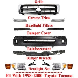 Front Bumper Cover + Chrome Grille With Lights Kit For 1998-2000 Toyota Tacoma
