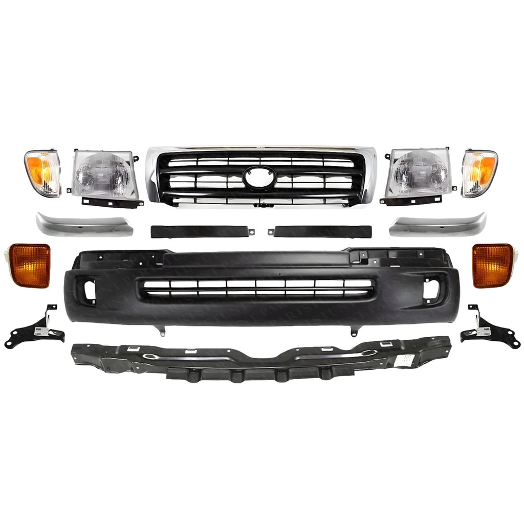 Front Bumper Cover + Chrome Grille With Lights Kit For 1998-2000 Toyota Tacoma