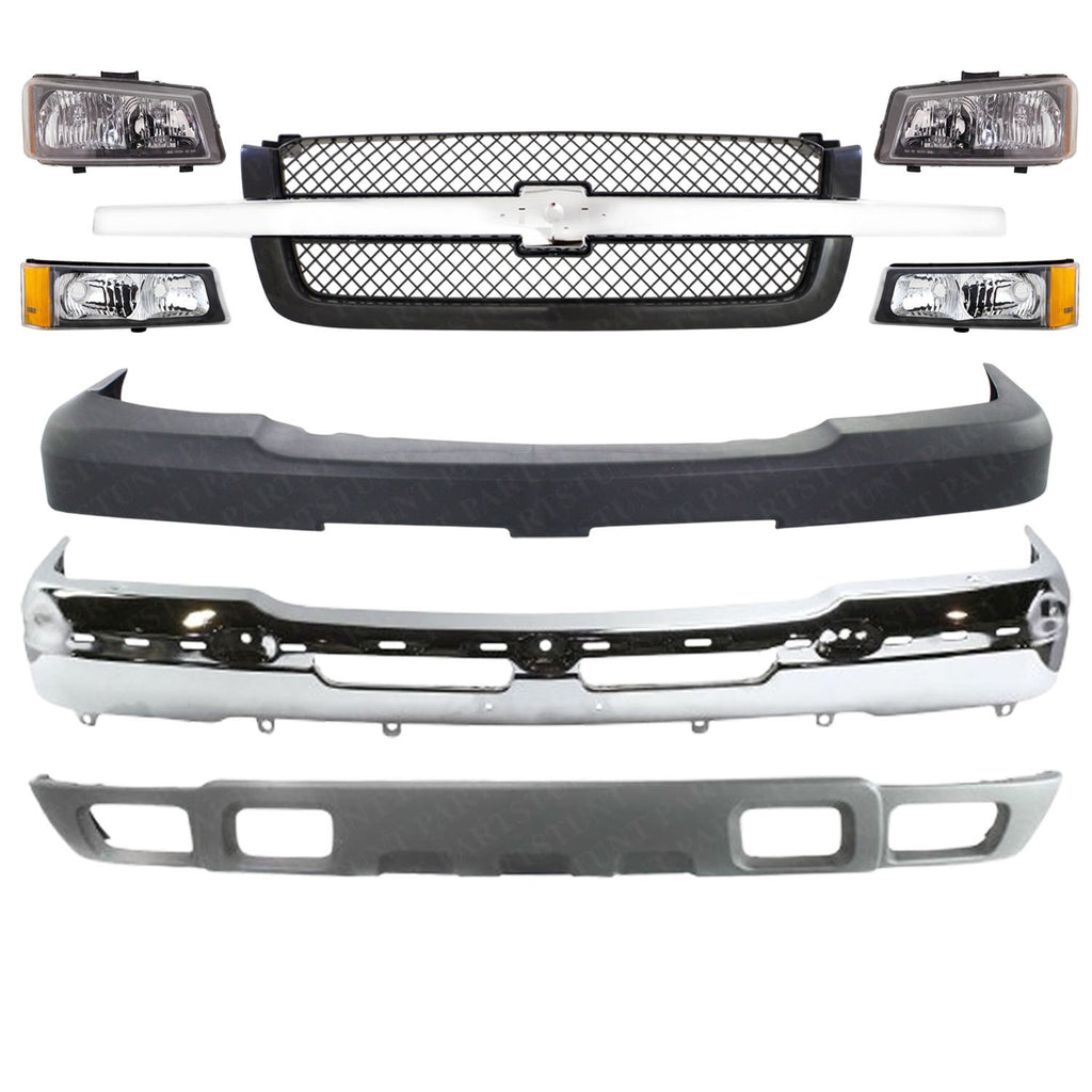 Front Chrome Bumper + Grille + Headlights For 2003-2006 Chevy Silverado 2500HD