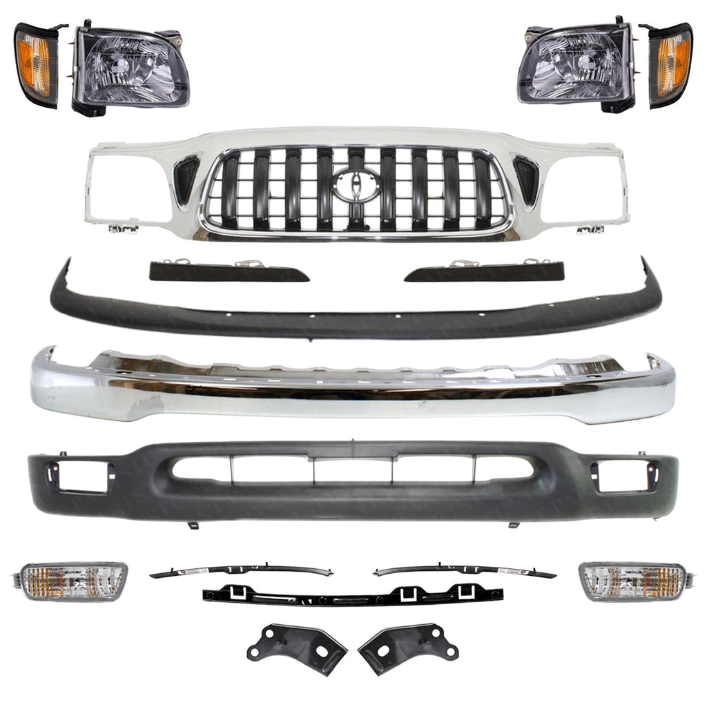 Front Chrome Bumper + Grille + Head Lights Kit For 2001-2004 Toyota Tacoma 2WD