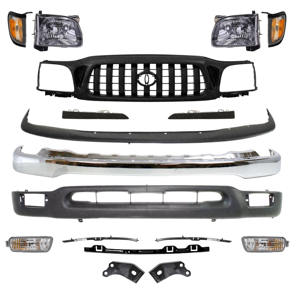 Front Chrome Bumper + Grille + Head Lights Kit For Toyota Tacoma 2WD 2001-2004