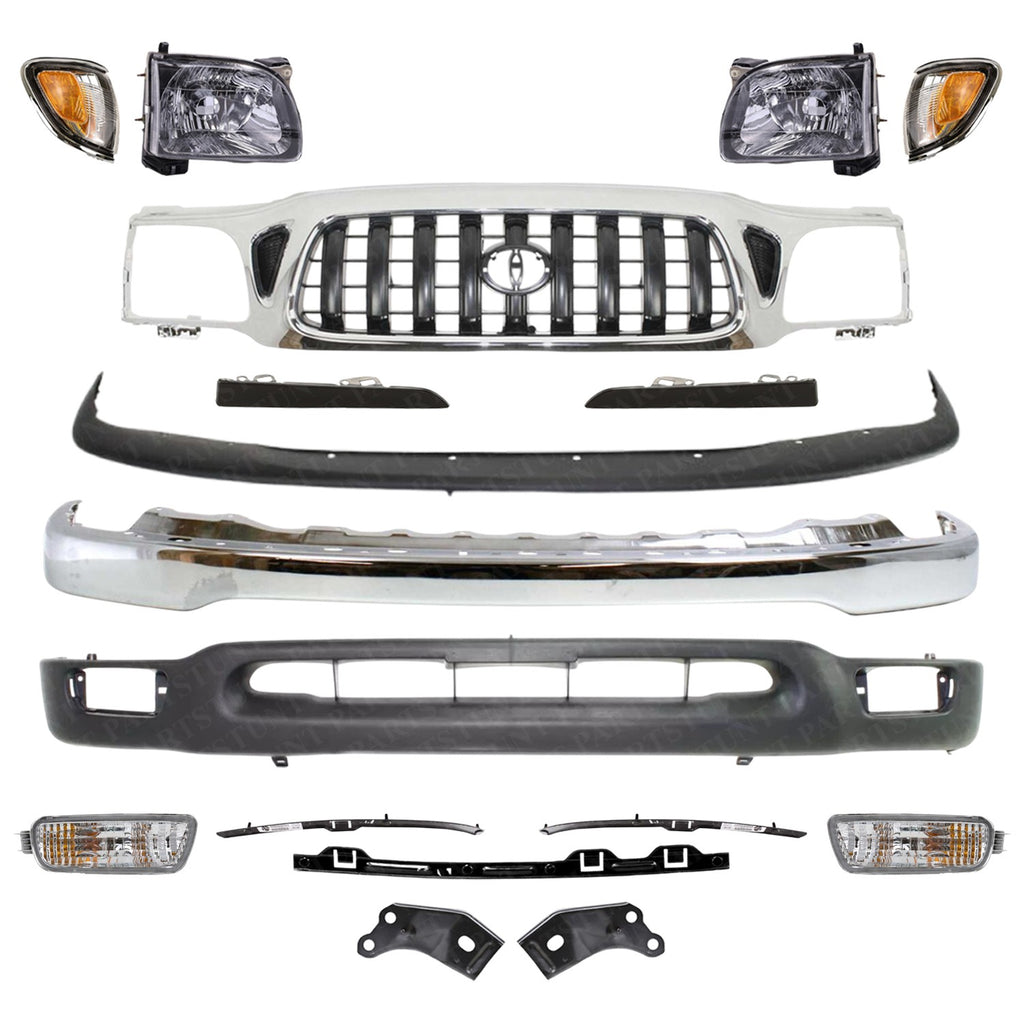 Front Chrome Bumper + Grille + Headlights Kit For 2001-2004 Toyota Tacoma 2WD