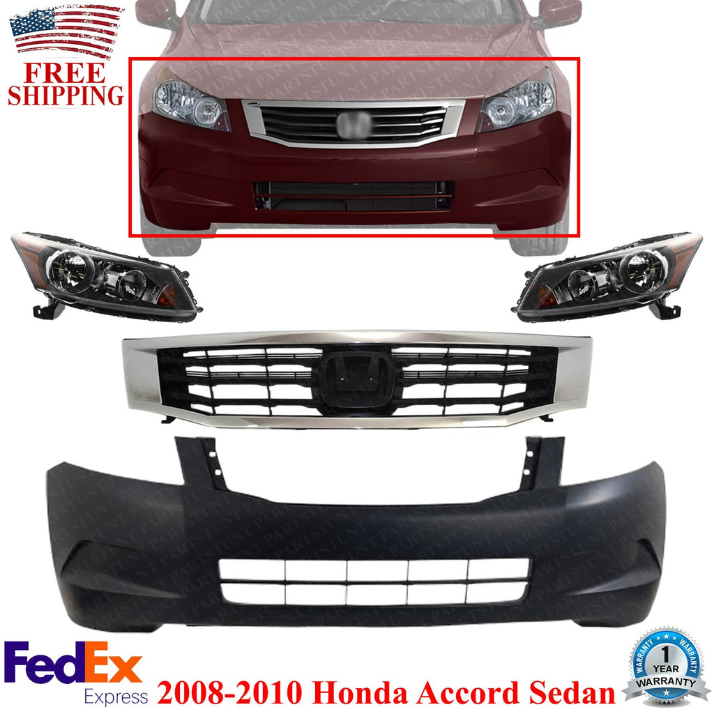 Front Bumper Cover Primed & Headlight Assembly Kit For 2008-2010 Honda Accord