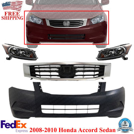 Front Bumper Cover Primed & Headlight Assembly Kit For 2008-2010 Honda Accord