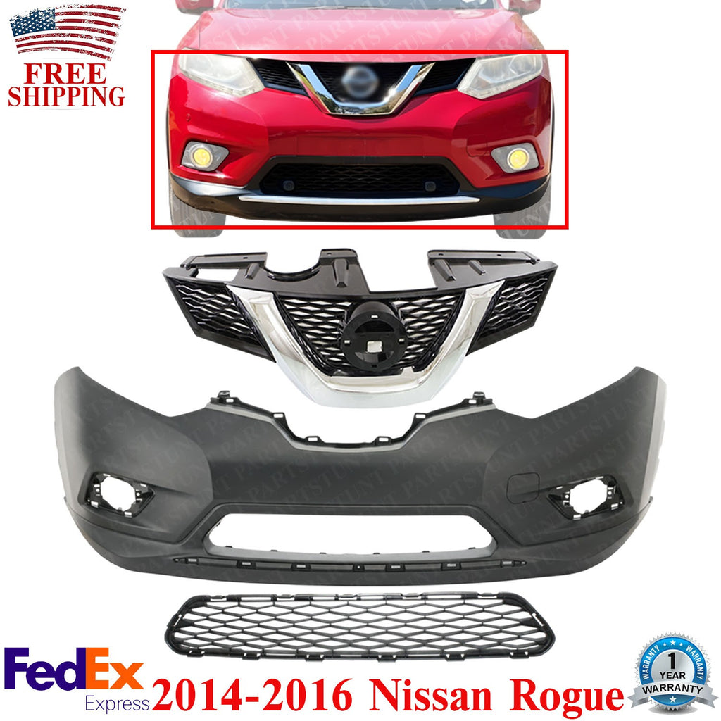 Front Bumper Cover Primed + Grille Assembly Kit For 2014-2016 Nissan Rogue