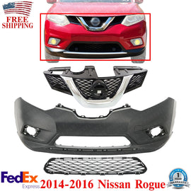 Front Bumper Cover Primed + Grille Assembly Kit For 2014-2016 Nissan Rogue