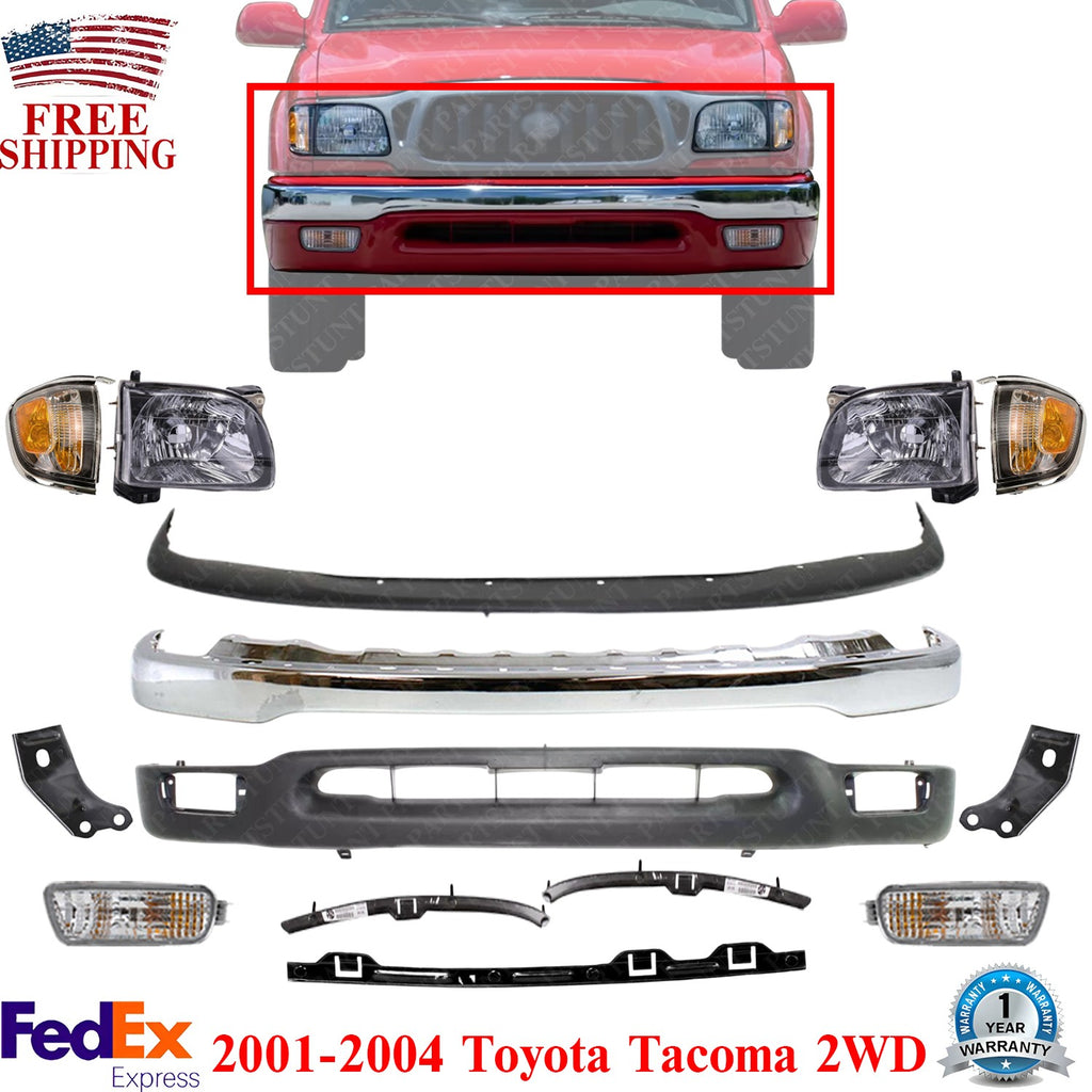 Front Chrome Bumper Kit with Headlights For 2001-2004 Toyota Tacoma 2WD