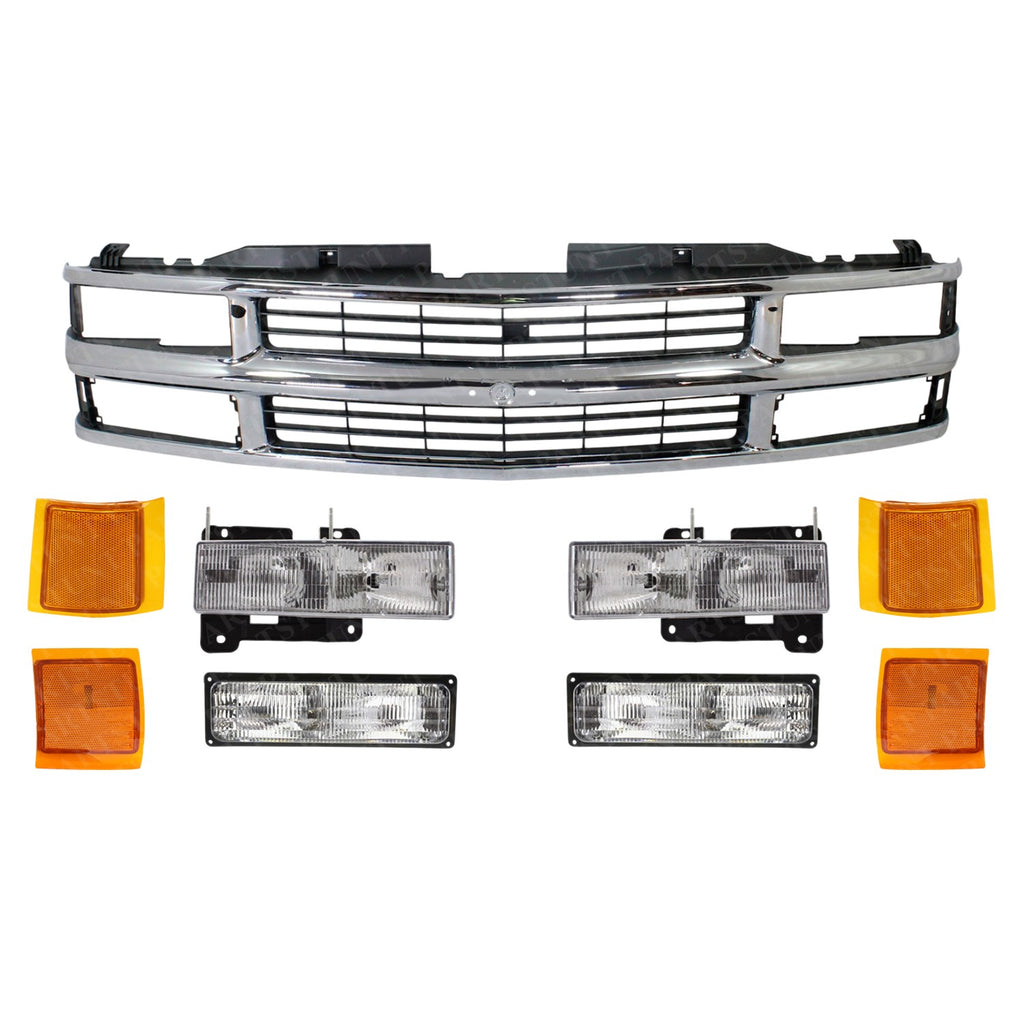 Front Chrome Grille + Headlights + Reflectors For 1995-1999 Chevrolet C/K Series