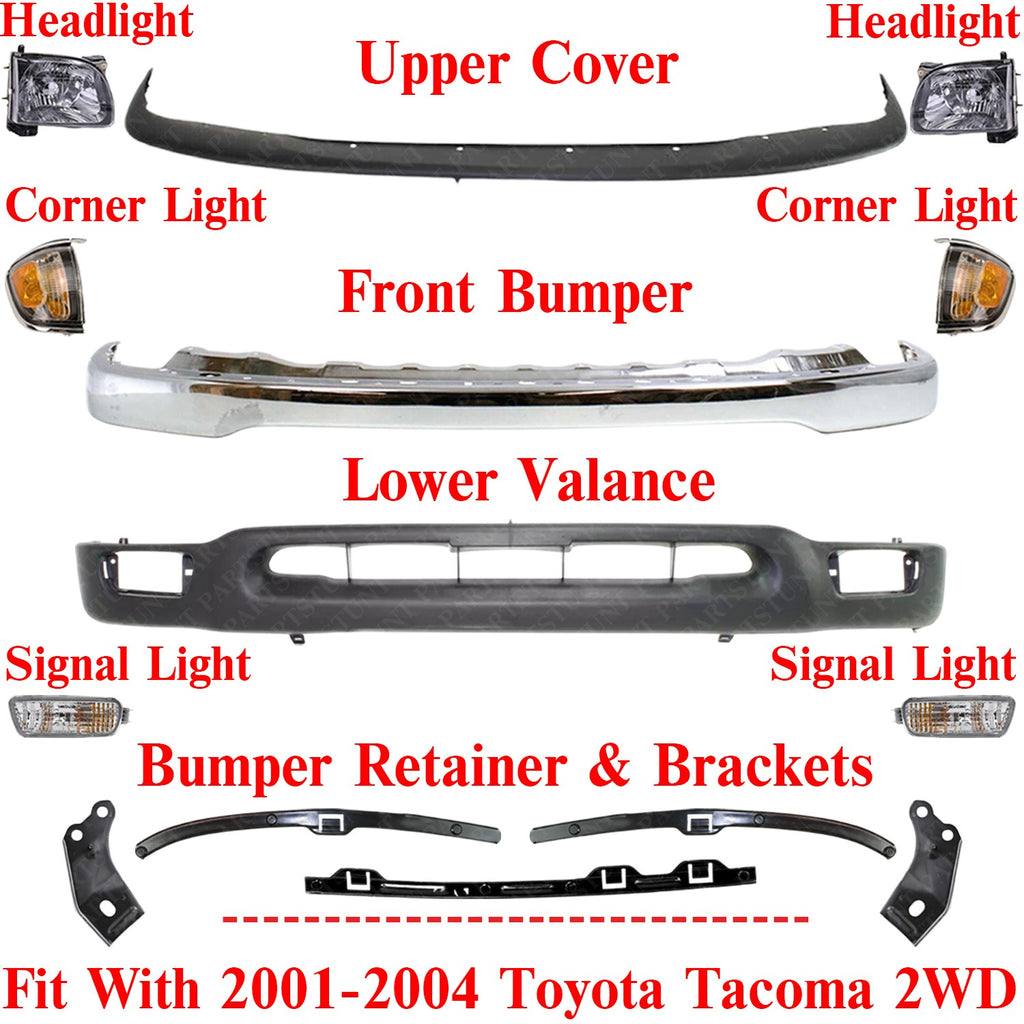 Front Chrome Bumper Kit with Headlights For 2001-2004 Toyota Tacoma 2WD