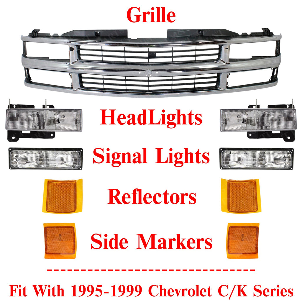Front Chrome Grille + Headlights + Reflectors For 1995-1999 Chevrolet C/K Series