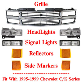 Front Chrome Grille + Headlights + Reflectors For 1995-1999 Chevrolet C/K Series