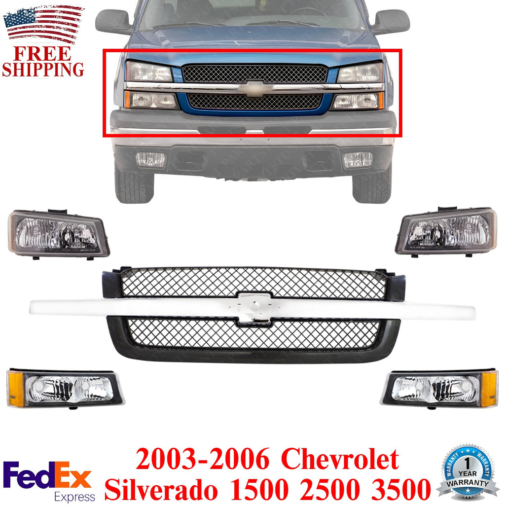 Front Grille + Headlight Kit For 2003-2006 Chevrolet Silverado 1500 2500HD 3500