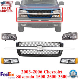 Front Grille + Headlight Kit For 2003-2006 Chevrolet Silverado 1500 2500HD 3500