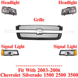 Front Grille + Headlight Kit For 2003-2006 Chevrolet Silverado 1500 2500HD 3500