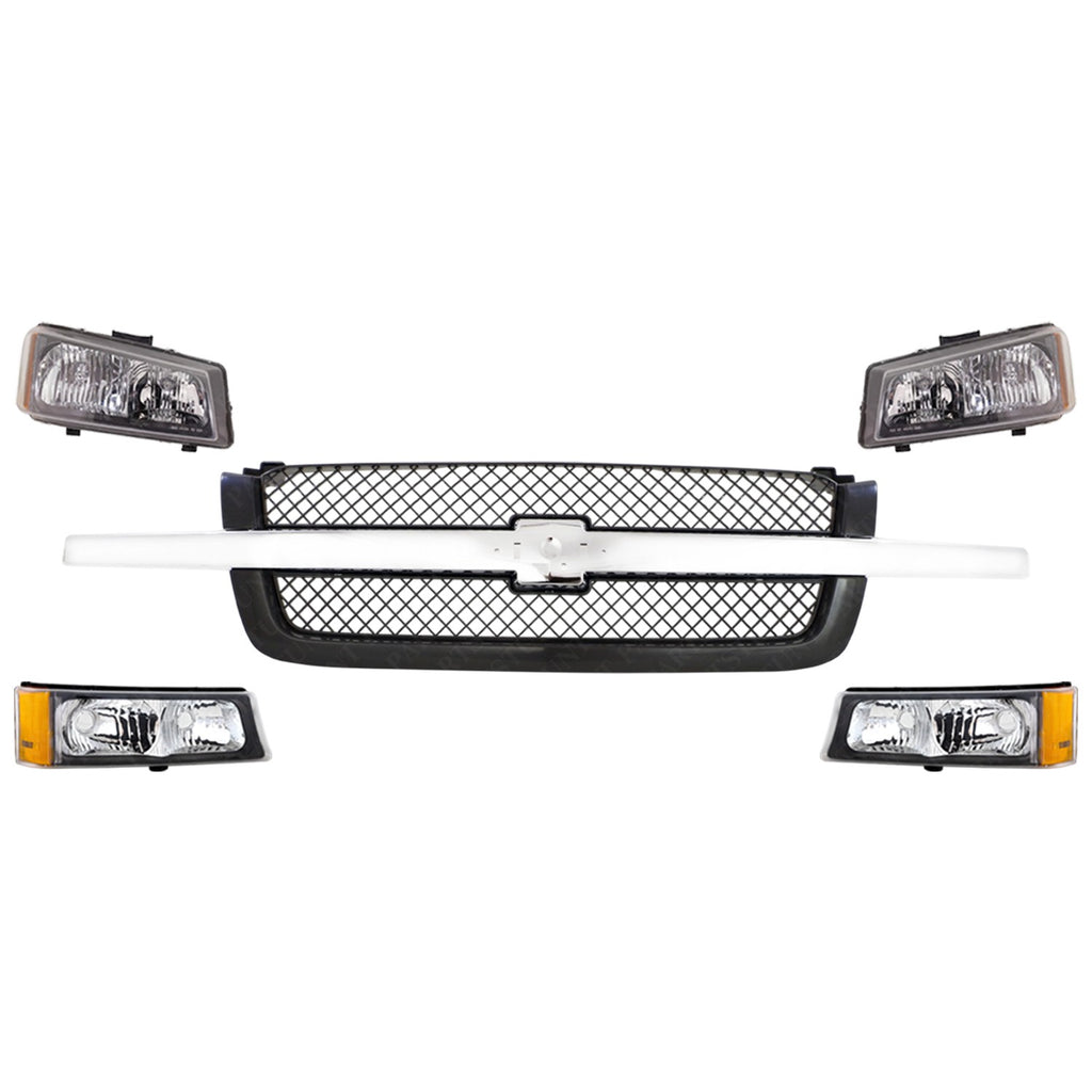 Front Grille + Headlight Kit For 2003-2006 Chevrolet Silverado 1500 2500HD 3500