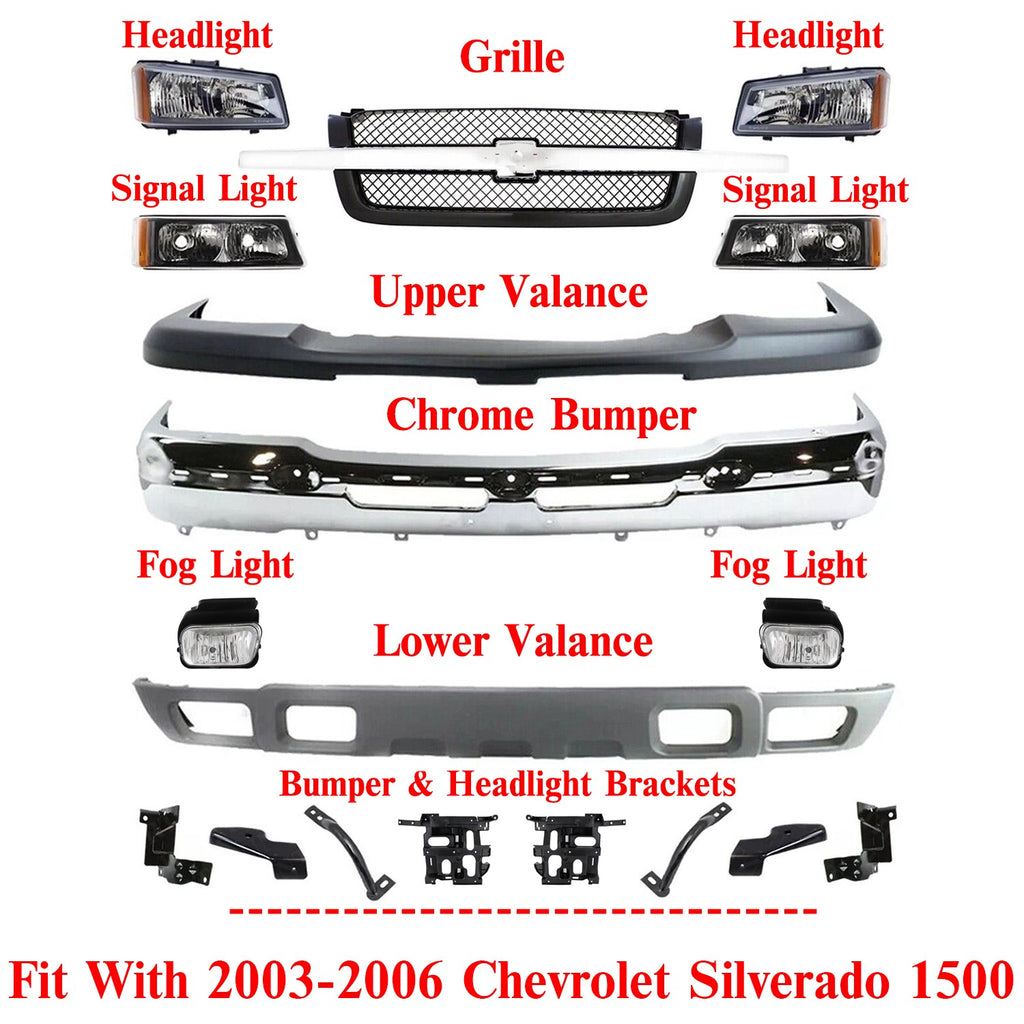 Front Bumper Chrome Steel Complete Kit For 2003-2006 Chevrolet Silverado 1500
