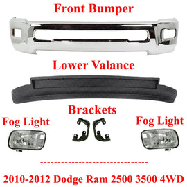 Front Bumper Chrome + Valance Fog Brackets For 2010-2012 Dodge Ram 2500 3500 4WD