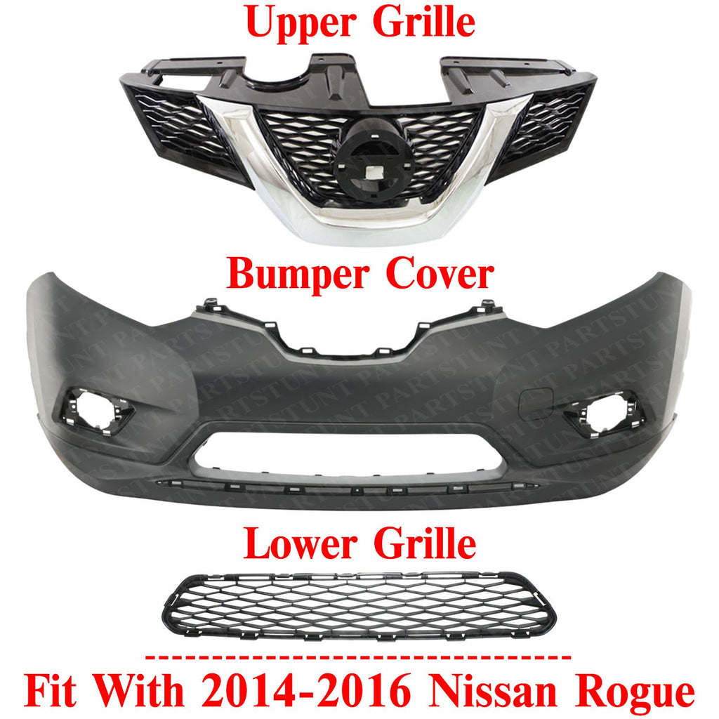 Front Bumper Cover Primed + Grille Assembly Kit For 2014-2016 Nissan Rogue