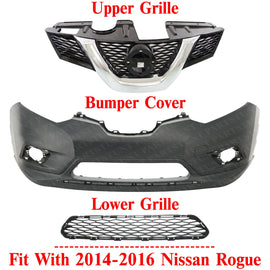 Front Bumper Cover Primed + Grille Assembly Kit For 2014-2016 Nissan Rogue