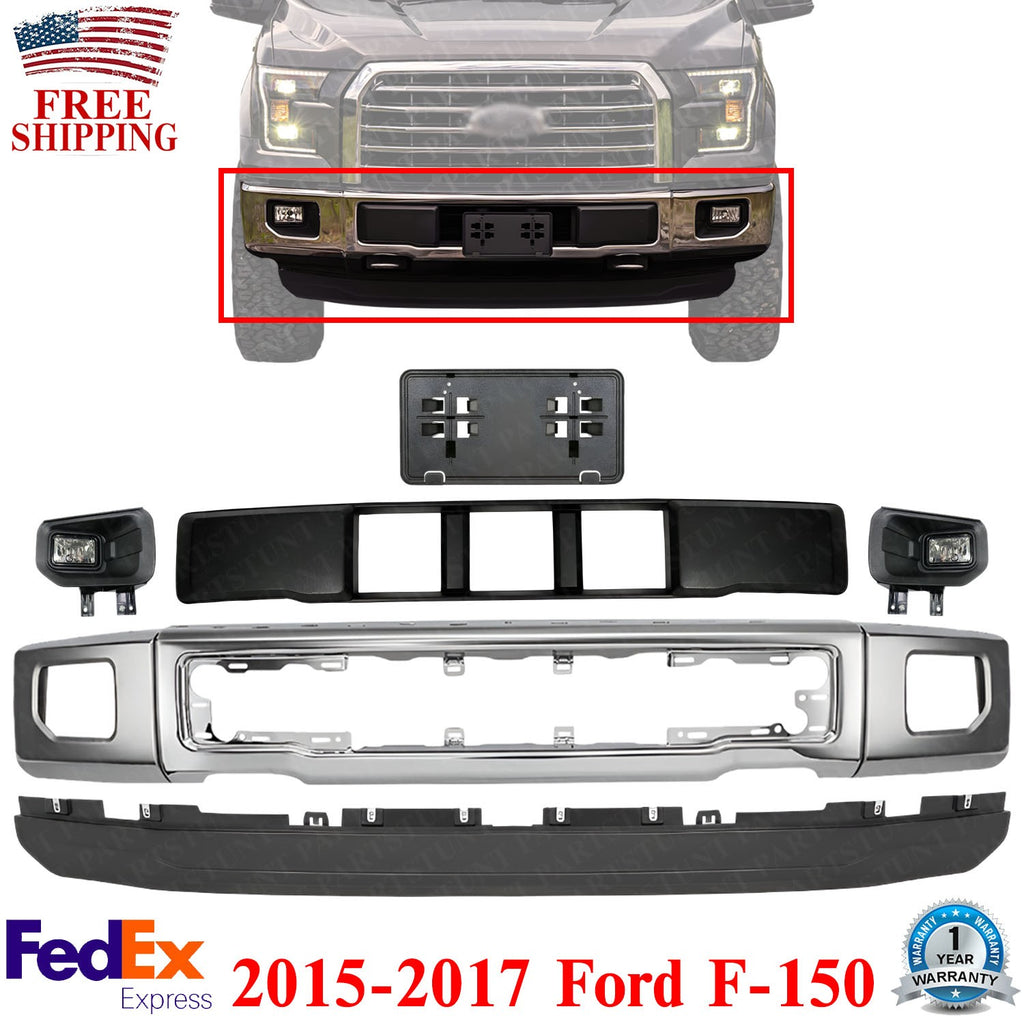 Front Bumper Chrome Steel and Fog Lights Assembly Kit For 2015-2017 Ford F-150