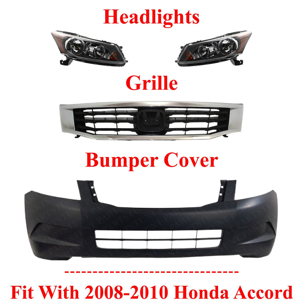 Front Bumper Cover Primed & Headlight Assembly Kit For 2008-2010 Honda Accord