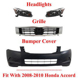 Front Bumper Cover Primed & Headlight Assembly Kit For 2008-2010 Honda Accord