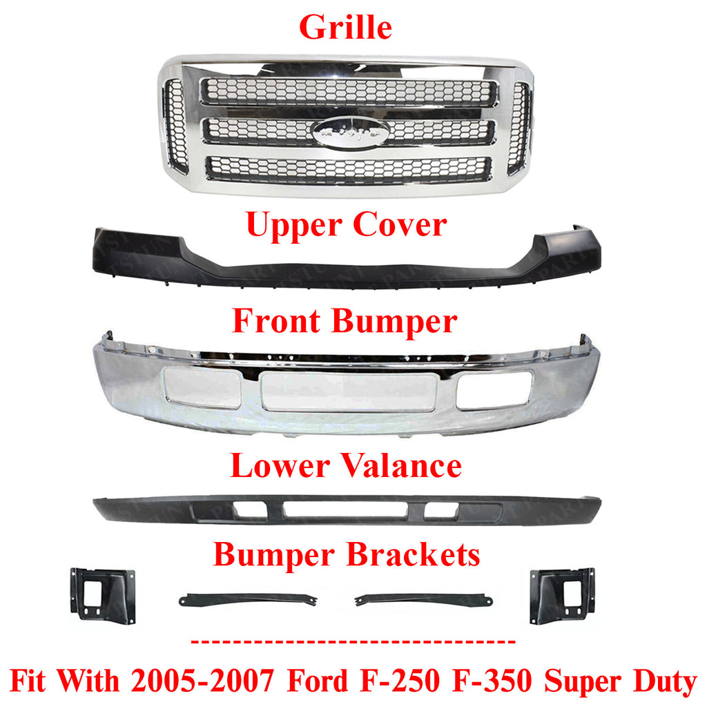 Front Bumper Kit + Grille + Brackets For 2005-2007 Ford F-250 F-350 Super Duty